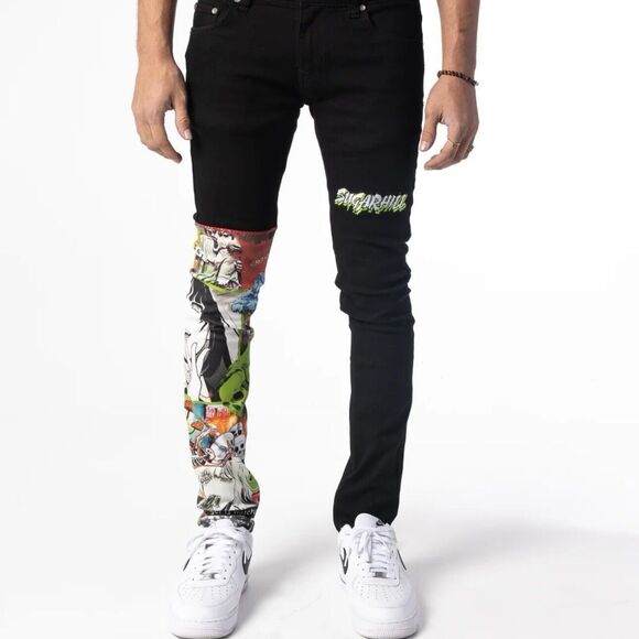 SUGARHILL HELL ON EARTH DENIM‎ 28x31 Anime Goth Graffiti Streetwear Graphic Art - Picture 1 of 13